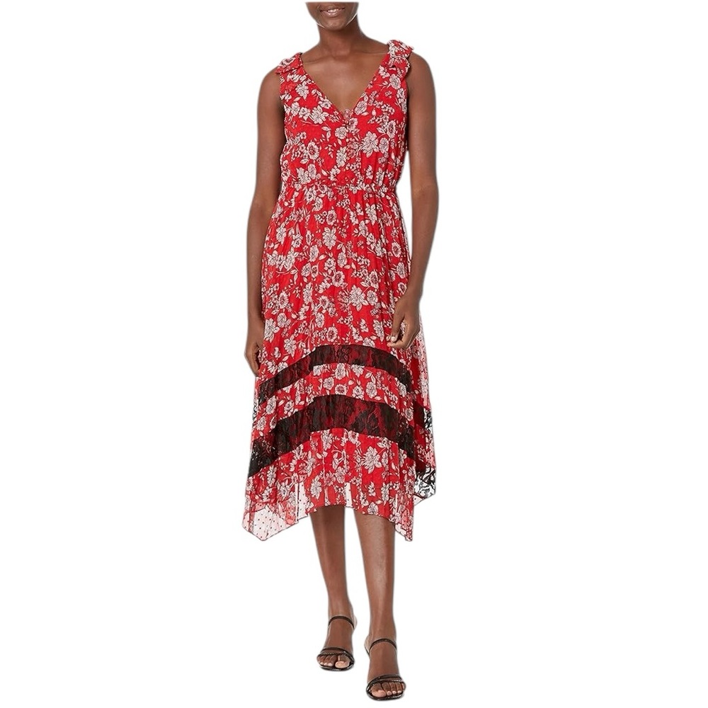 Nanette Lepore Pleated Floral Midi Dress Red Feminine Handkerchief Hem W… - Picture 1 of 16
